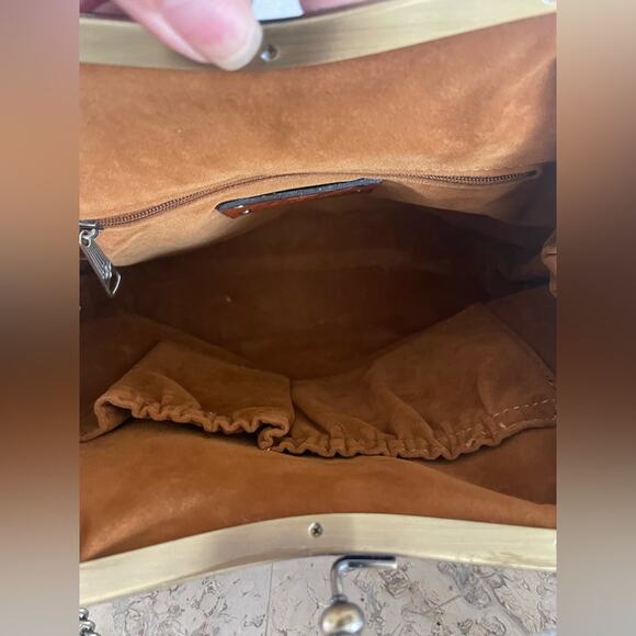 PATRICIA NASH LAURENA SMALL BROWN CHAIN/MIRROR CROC SHOULDER BAG - Picture 9 of 12